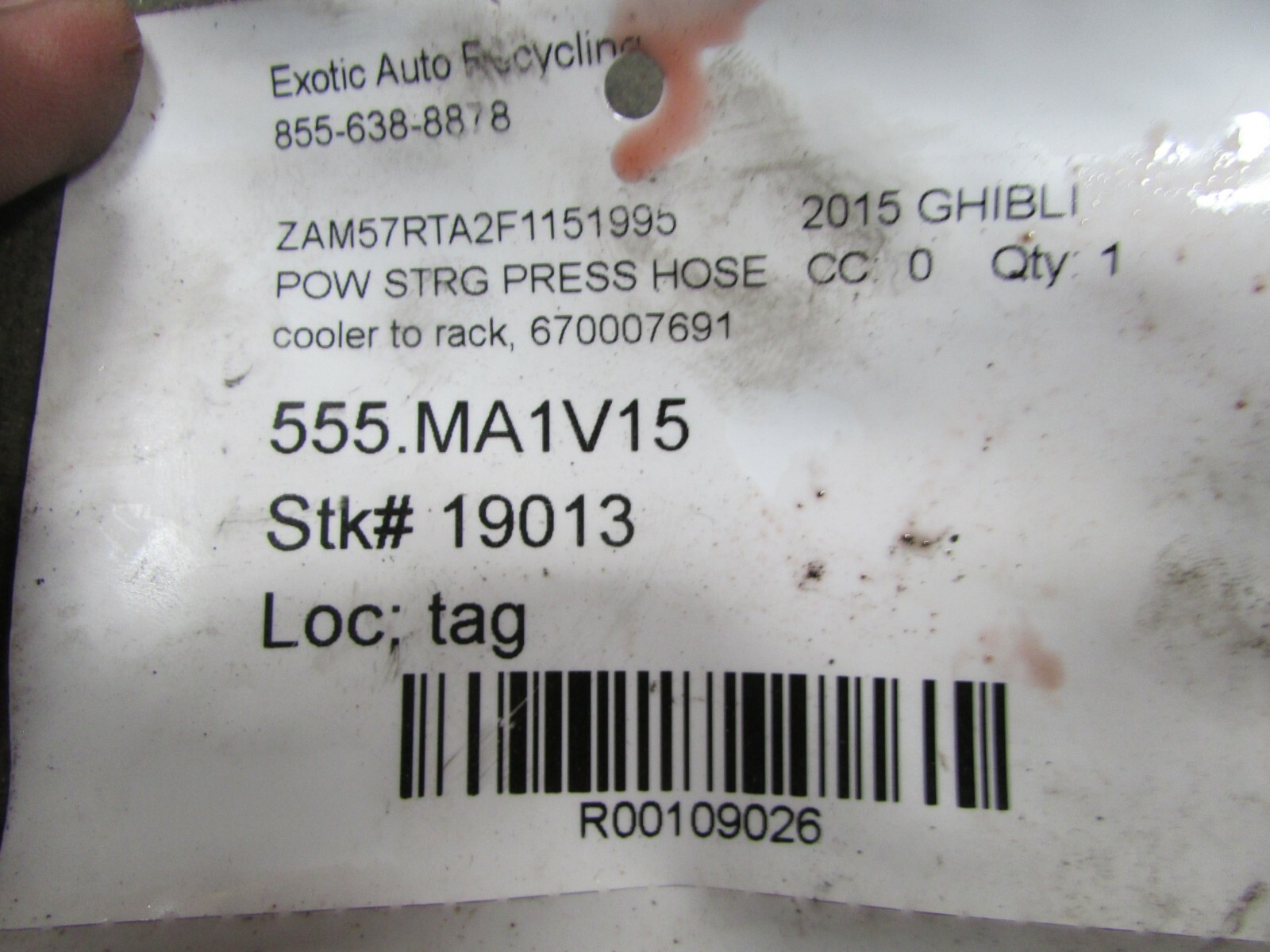 Maserati Ghibli, Steering Rack to Cooler Line, Used, P/N 670007691