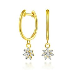 14K Solid Yellow Gold Diamond Flower Hoop Earring flower Drop Earring gold Gift