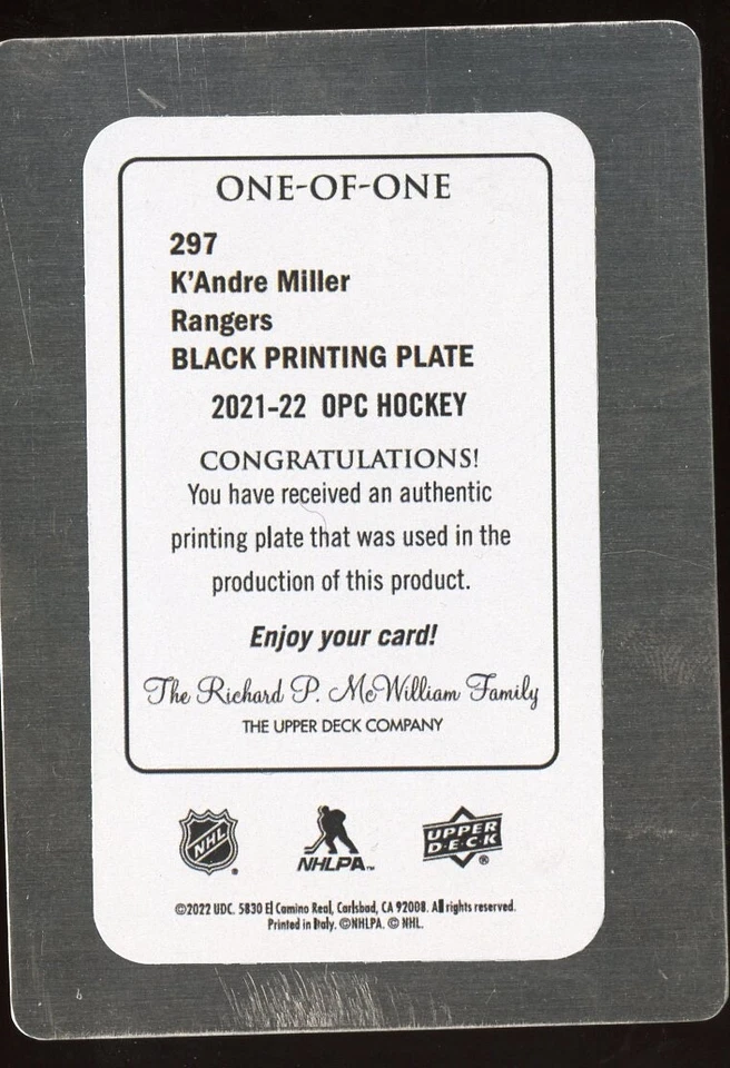 2021-22 O-Pee-Chee Hockey K'Andre Miller #297 Black Printing Plate 1/1 Rangers - Image 2 of 2