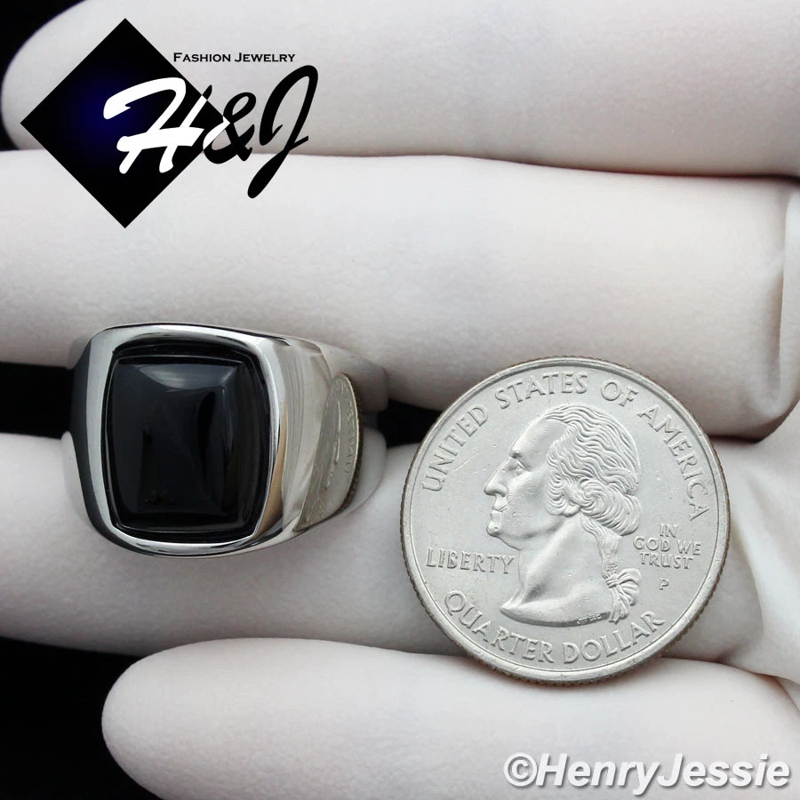 MEN's Stainless Steel Rectangle Black Onyx Silver Ring Size 8-13*TR110 - Image 3 of 3