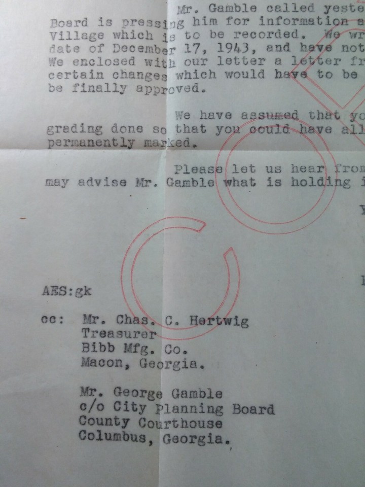 Columbus GA Document 1944 Bibb Mfg Battle Smith Elliot Mill Village