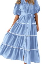 PRETTYGARDEN Women's Summer Button Down Shirt Dress Short Puffy Sleeve Large