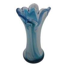 Blown Glass Vase Blue & White With 8 Fingers Crossed Stamped On Ends 6" X 1.5"