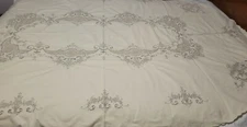 Vintage Madeira  Hand  Embroidered Linen Tablecloth 96 " × 65" .R1