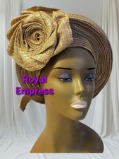 Aso-Oke African Headtie Auto Gele, Gold Empress headwear
