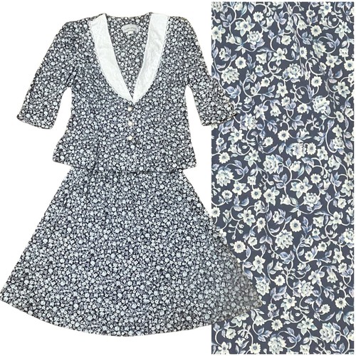 Vintage Rock Bluse Kleid Damen 14 blau Blumen Kragen Sekretärin Akademie Sissy - Bild 2 von 19