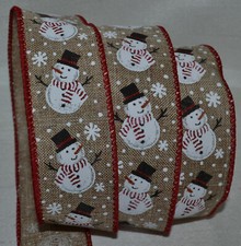 Wired Ribbon Christmas Snowman Snowflake Red Rustic Woven Tan 1.5" Holiday Bow