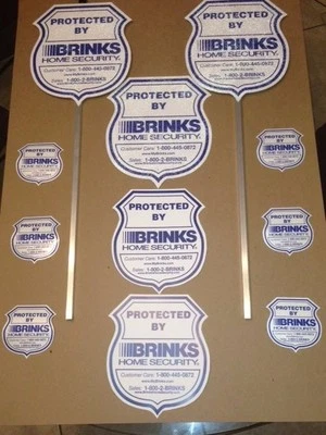 BRINKS ADT VIVINT NEW REFLECTIVE BRINKS 2 Security Yard Stake Signs; 3 Signs; 6 Door/Window Decals