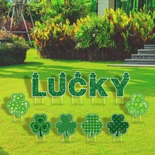 11Pcs St. Patrick's Day Yard Signs with 22Pcs Stakes Glitter LUCKY Green Clover