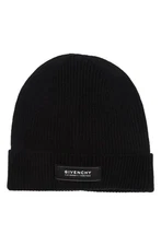 $325 - Givenchy Italy Wool/Cashmere Leather Patch Beanie Hat in Black Unisex