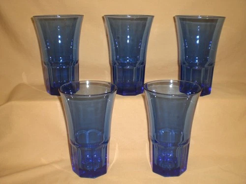 VTG LIBBEY COBALT BLUE TUMBLERS - FLARED TOP-8 PANEL DESIGN  -SET OF 5