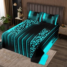 Teal Black Bedspread King Size Abstract Leopard Quilted Coverlet for Kids Tee...
