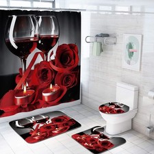 Red and Black Shower Curtain Set Wine Rose Valentines Floral Flower Romantic ...