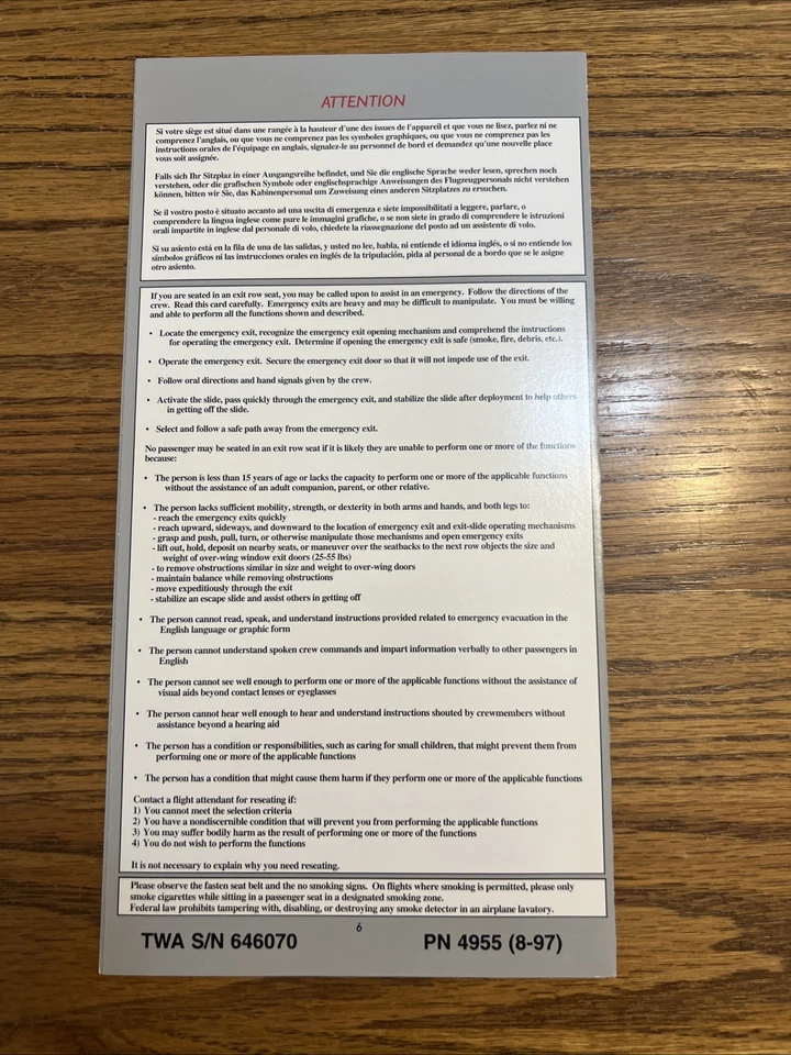 Instrucciones de seguridad internacionales TWA MD 80 08/97 Foto 2 de 2