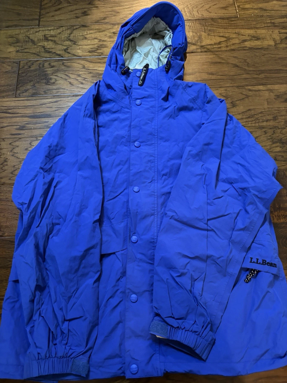 LL Bean Goretex Jacket Mens Medium Stow Away Hood Rain Snow Blue Pockets