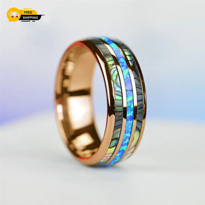 Edelstahl Abalone Opal Ring Herren goldfarben Inlay Ehering Ringe Schmuck