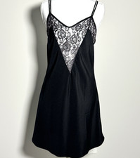 Vtg Victoria  s Secret Gold Label Black Satin Slip Aubergine Plum Lace Chemise M