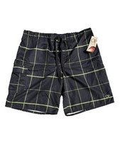 NWT OP Plaid Board Shorts Swim Trunks Mens XL Navy Neon Green Elastic Drawstring