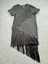 Black Fringe T-Shirt Dress UK 12 US 8 100% Cotton Short Sleeve Statement