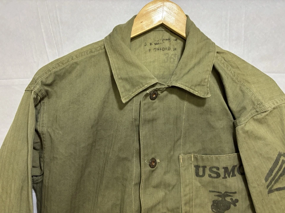 USMC HBT Herringbone Utility Shirt Jacket Metal Buttons Sergeant Rank P41 P 41 - Image 3 of 4
