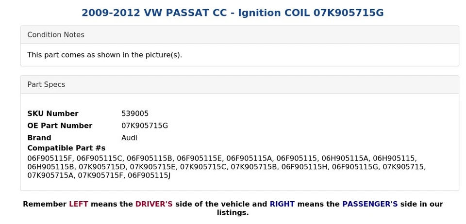 2009-2012 VW PASSAT CC - Ignition COIL 07K905715G - Imagen 4 de 4