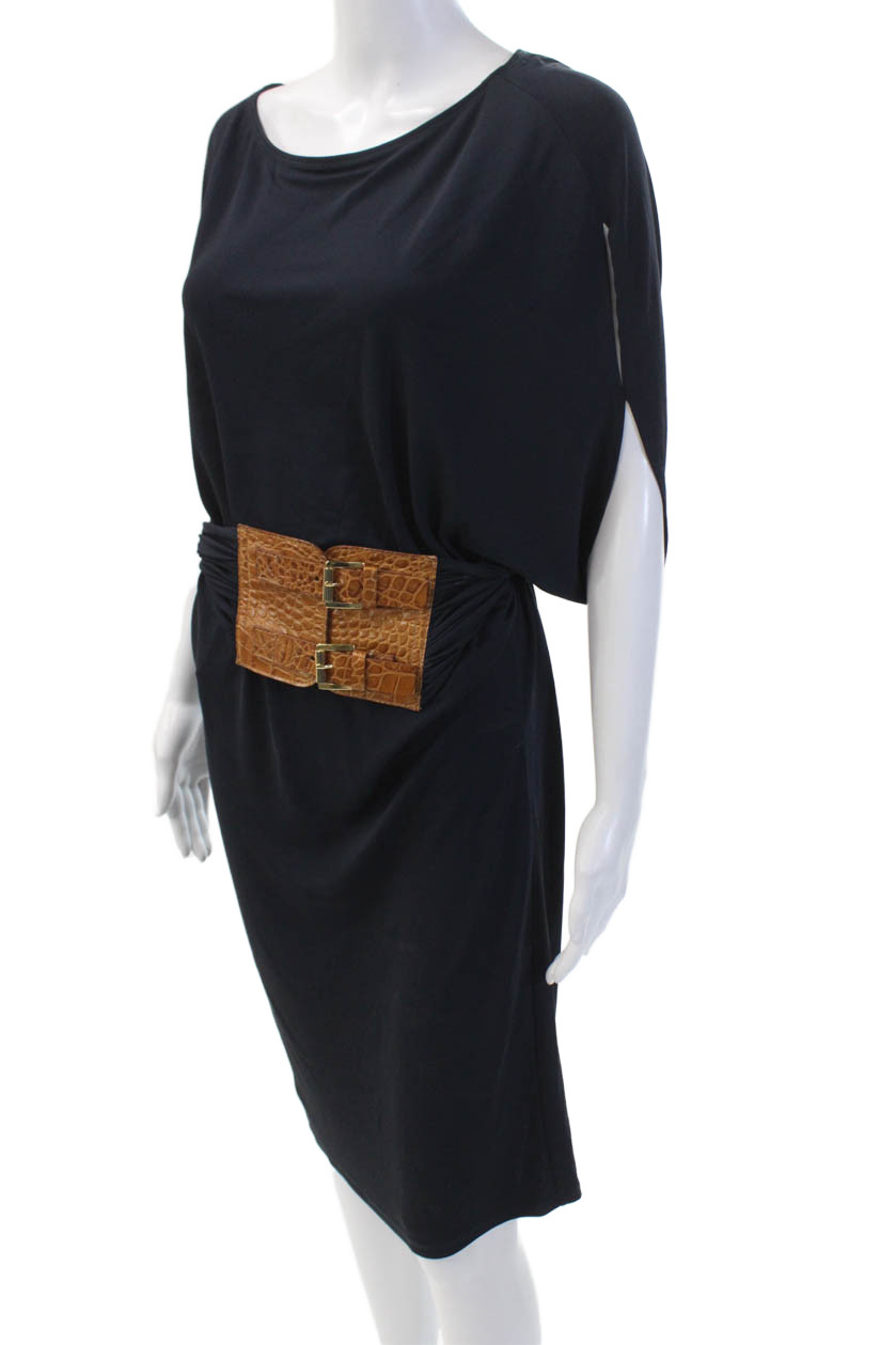 Michael Kors Womens Boat Neck Short Sleeve Belted Dress Dark Blue Size 10 thumbnail 2