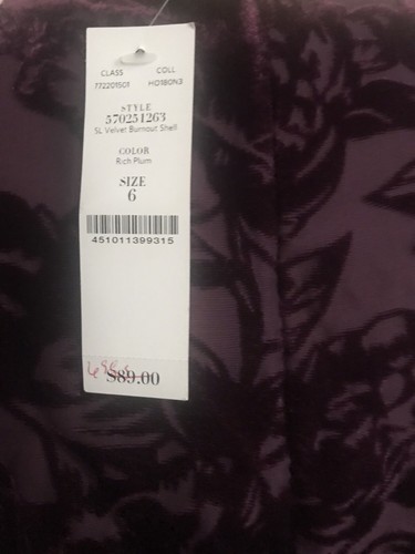 WHBM Womens Rich Plum Floral Sleeveless Velvet Shell Top NWT $89, Size 6 - Picture 3 of 4