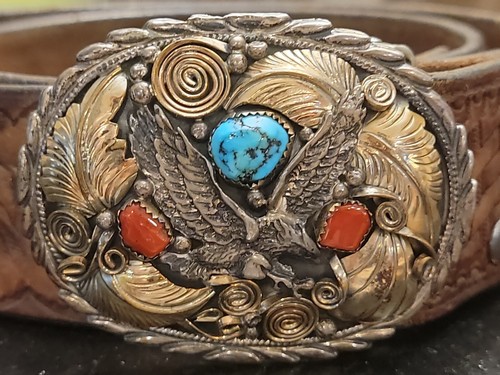 Hebilla de cinturón de plata esterlina de coral turquesa navajo Allen Chee/Christine Quinn - Imagen 2 de 9