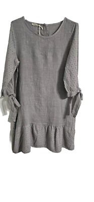 Francesca Bettini Eyelet A- Line Dress Womens Large Gray 100% Linen Lace 