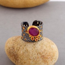 Ruby Ring 925 Wide Band Sterling Silver Red STERLING SILVER RUBY WIDE BAND RING