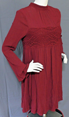 NWT Miami For Francesca's Wine Crinkle Bell Sleeve Boho Short Dress Tunic Size L