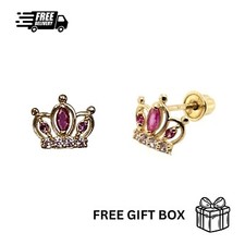 14K Solid Yellow Gold Crown Screw Back CZ Stud Earrings