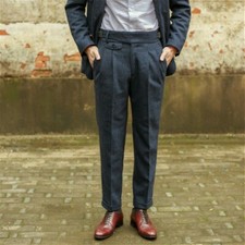 Herren Wollmischung Fischgräten Hose Vintage Tweed Gerades Bein Kleid Hose