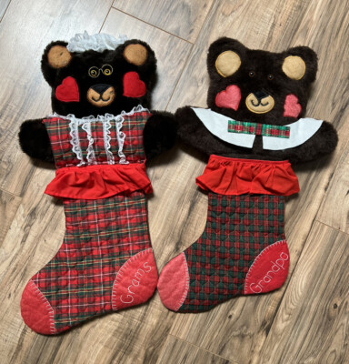 Vintage Set Adorable Handmade Christmas Stockings Bear Grandma/Grandpa Pockets