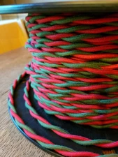 Cloth Covered Cord -  Red & Green Wire Twisted, Vintage Style Fabric Lamp Cable