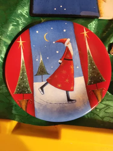 Certified Intl Corp Jan Pashley Christmas Plate Ice Skating Pond Skinny Santa 8"