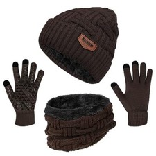 3-Pieces Winter Beanie Hat Scarf and Touch Screen Brown hat Scarf Gloves 