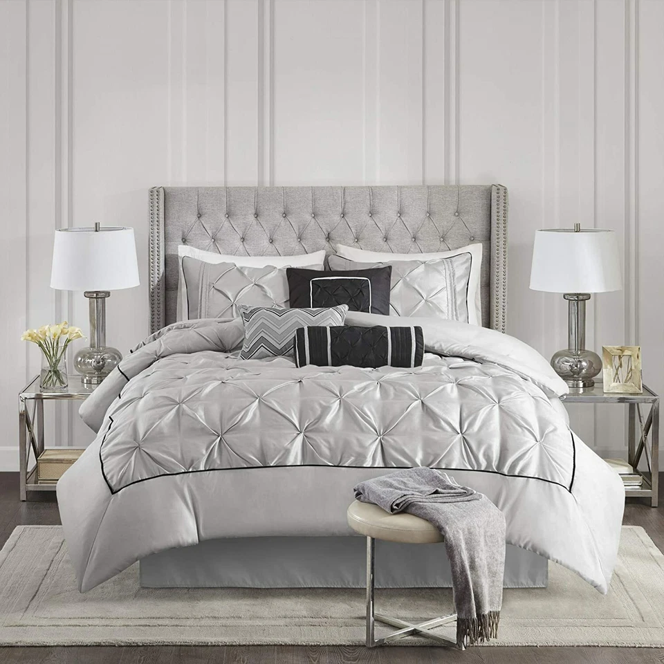 LABEL NEW! ~ CHIC MODERN ELEGANT BLACK GREY TUFTED RUFFLED PINTUCK SOFT COMFORTER SET