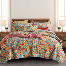 King Cotton Quilt Set Yellow Paisley Bedspread 3 Piece Reversible Coverlet