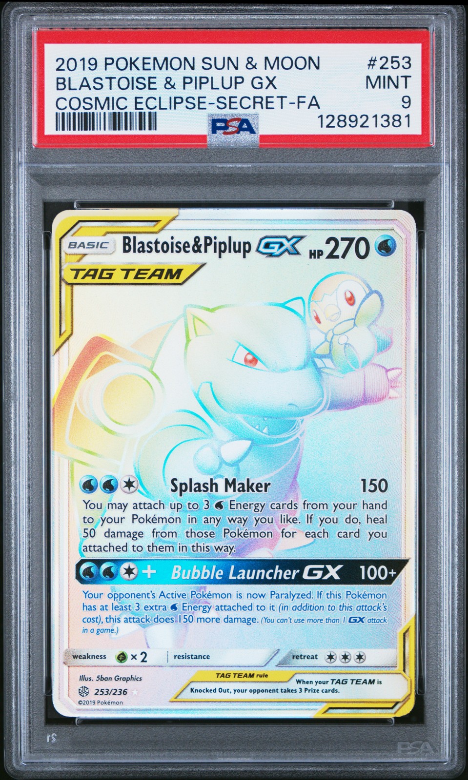 2019 POKEMON SUN & MOON COSMIC ECLIPSE #253 FULL ART/BLASTOISE & PIPLUP GX PSA 9