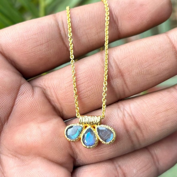 Alternate view of Blue Fire Labradorite Gold Plated Three Stone Pendant Chain Necklace