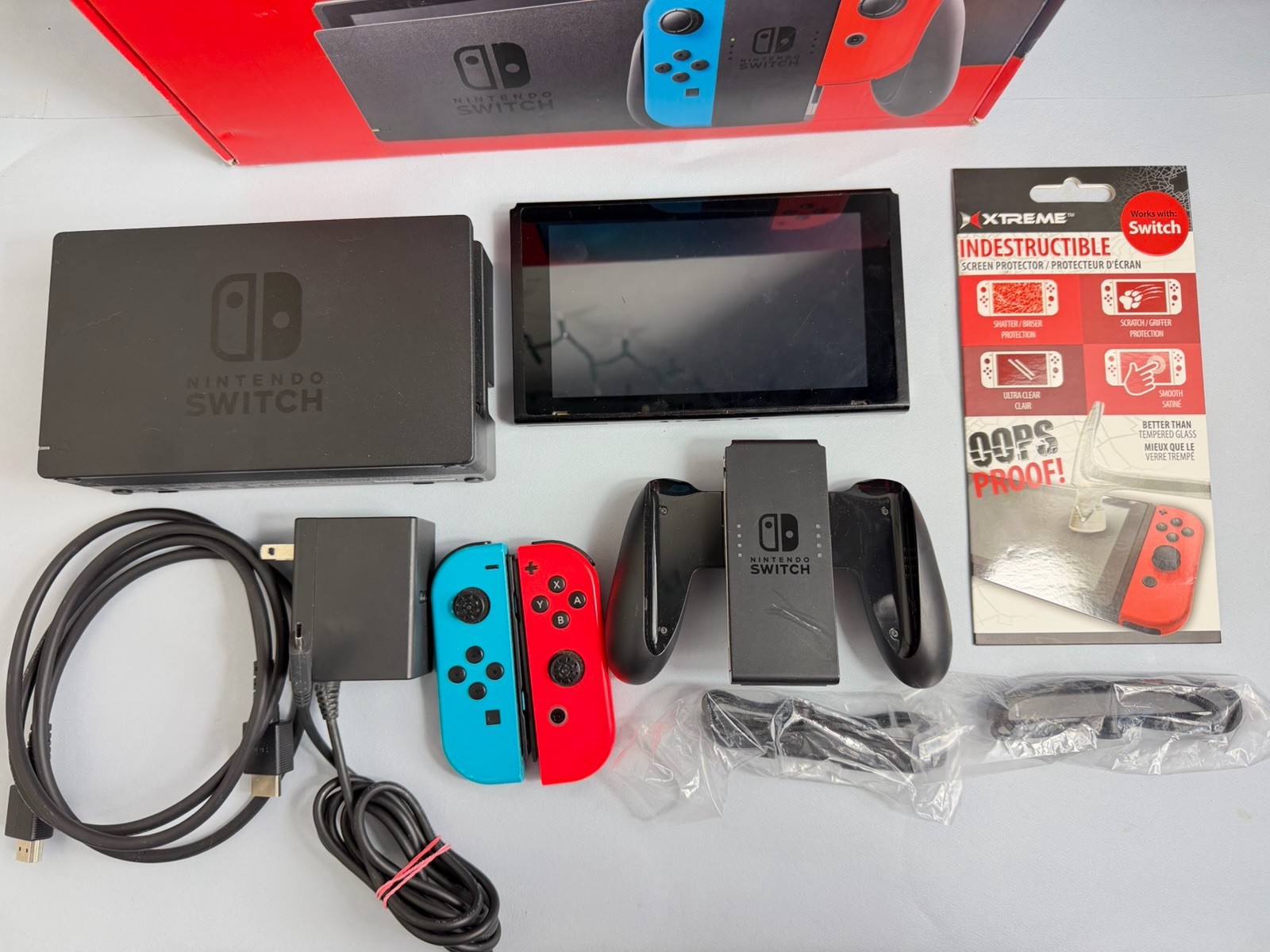 Nintendo Switch Neon Blue Red Joy-Con Console Bundle Original Box Xtreme Shield