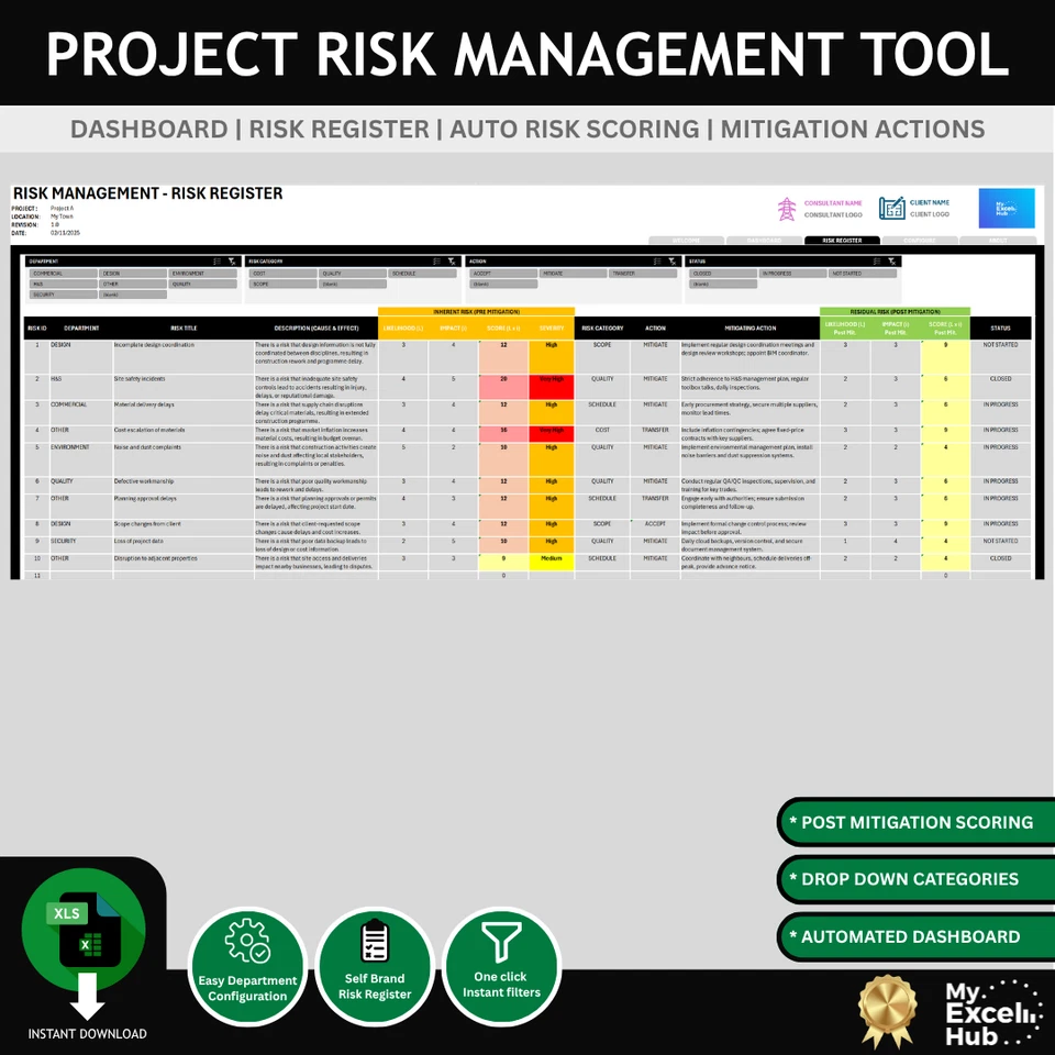Risk Management Excel Template – Dashboard + Risk Register – Project Tracker  - Image 2 of 3