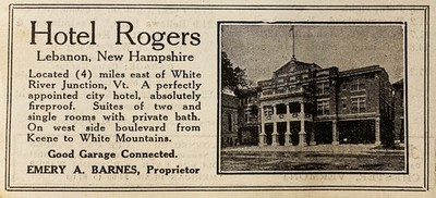 1922 AD.(PC8)~HOTEL ROGERS, LEBANON, NH. EAST OF WHITE RIVER JUNCTION,