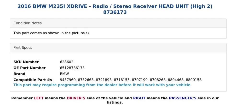 BMW M235I XDRIVE 2016 - Radio/receptor estéreo unidad principal (alto 2) 8736173 Foto 4 de 4