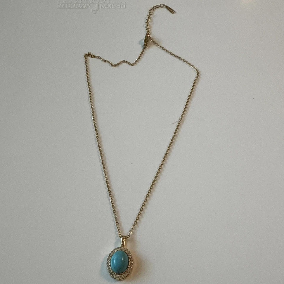 绿松石珠和玻璃石黄色金色链项链和吊坠 16 英寸 — 第 3/4 张图片
