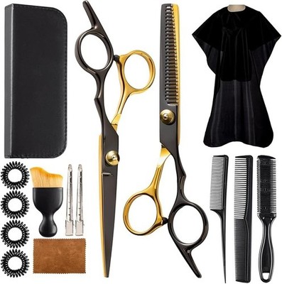 15 PCS Professional Hair Cutting Kit, Black Gold Stainless Steel Barber Scissors