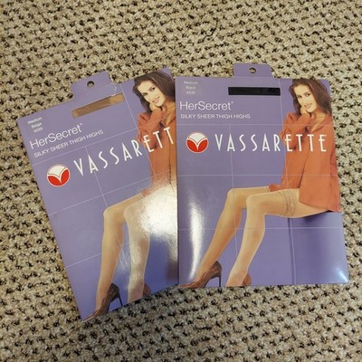 Vassarette HerSecret Silky Sheer Thigh Highs 4035 Beige Black Medium 2 Pair Lot