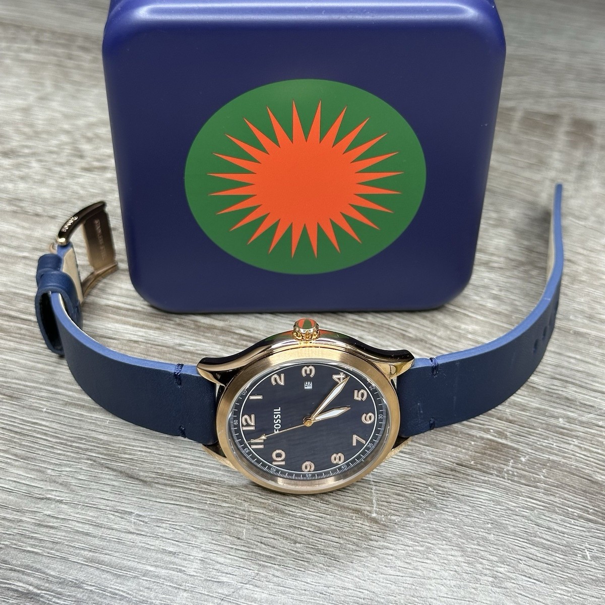 NEW✓ Fossil Wylie Rose Gold Case Blue Leather Number Date 