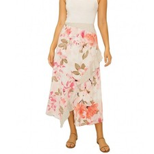 Calvin Klein Ruffle-Front Midi Skirt White/Multicolor Floral-Print SZ 6 cream
